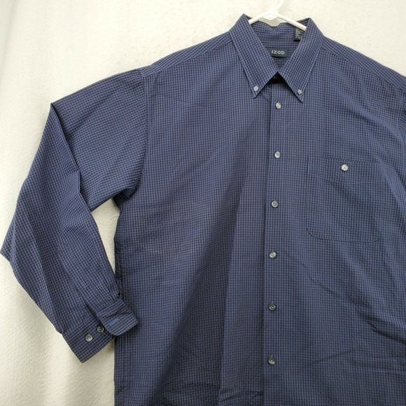 IZOD Shirt Men's Long Sleeve Casual Button Up Checkered Oxford Blue Large - Picture 4 of 12